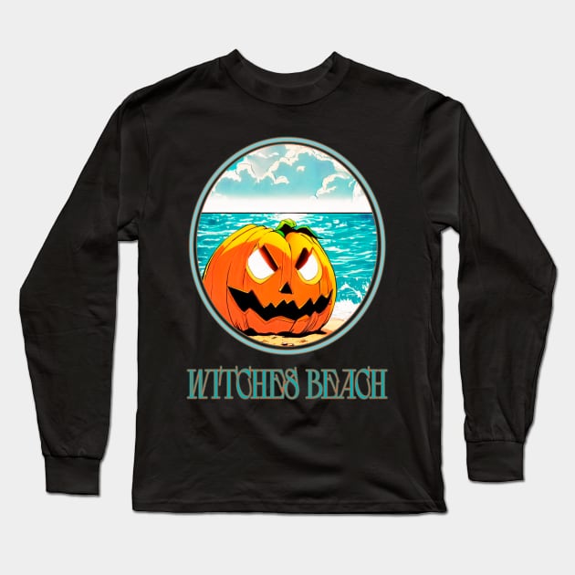 aggressive laughing halloween pumpkin on the beach with a tan on the bloody witches beach Long Sleeve T-Shirt by Quileos